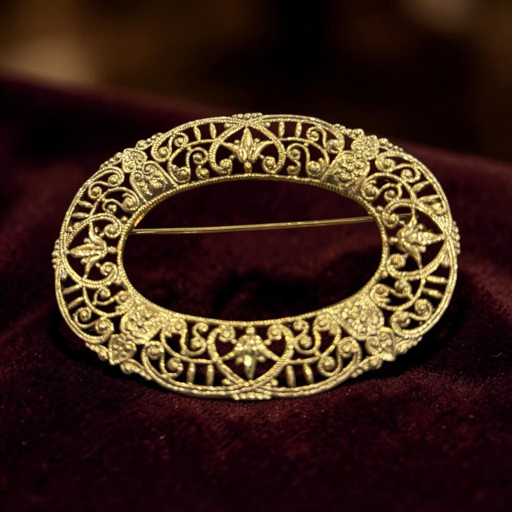 Victorian Filigree Brooch 1928 Jewelry Gold Lace Floral Edwardian Revival